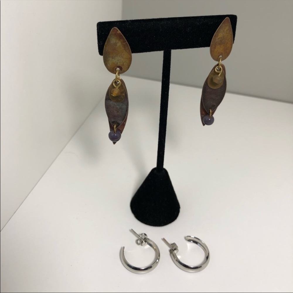 Brown metal dangling earrings, silver tone J-shape back post - 2 pairs